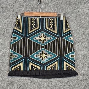 H&M Boho Beaded Aztec Mini Skirt – Stunning Detail & Fringe Hem! Size: 4